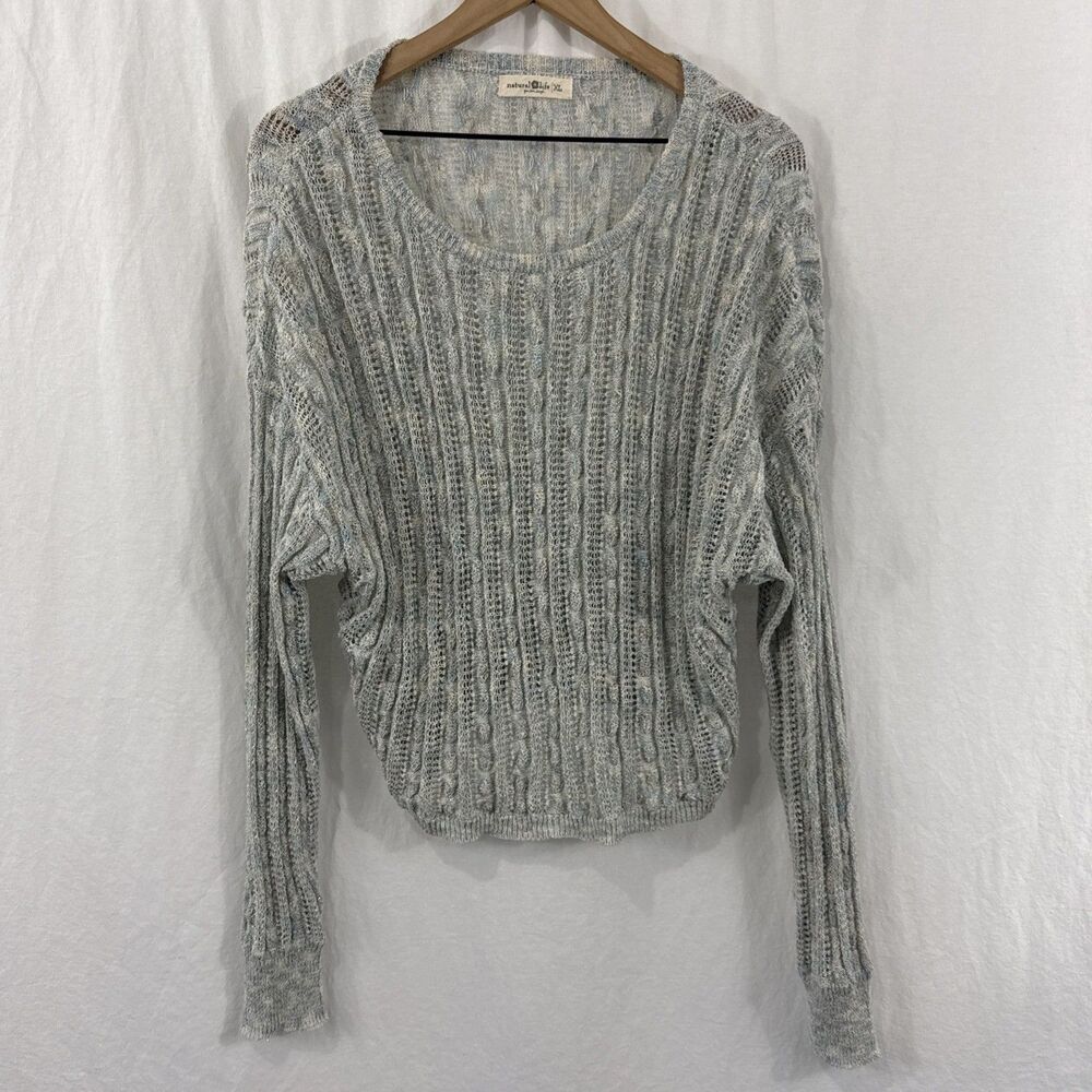 Natural Life Open Cable Knit Blue Shimmer Dolman Sleeve Sweater Womens Sz XL